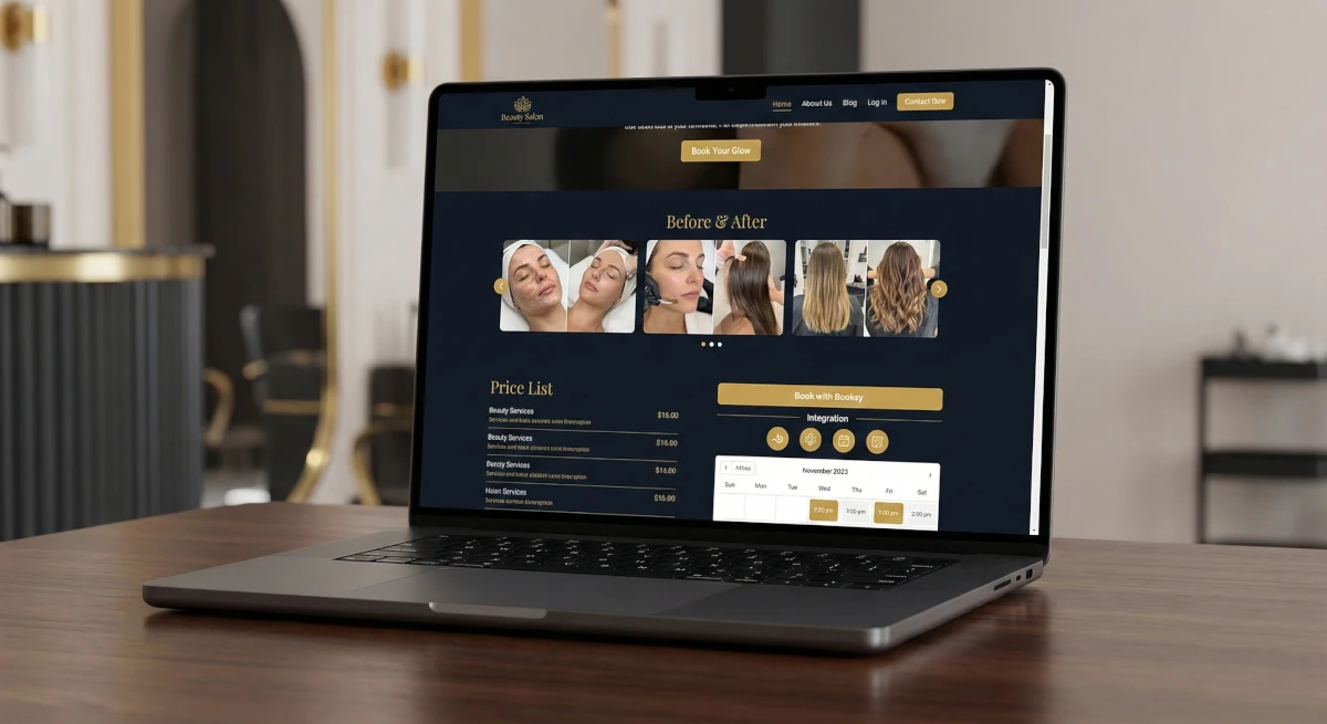 Mockup landing page salonu kosmetycznego z galerią zabiegów