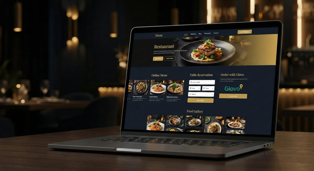 Mockup strony restauracji z menu online i systemem rezerwacji stolików