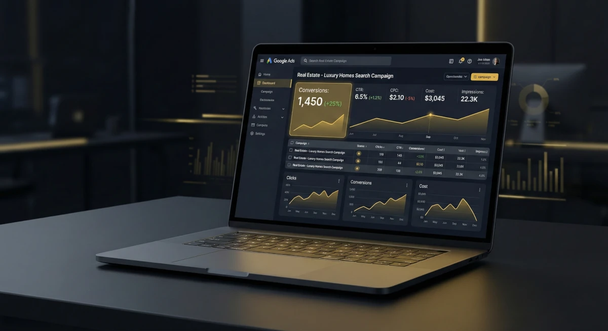 Mockup kampanii Google Ads Search - wyniki kampanii dla dewelopera mieszkaniowego